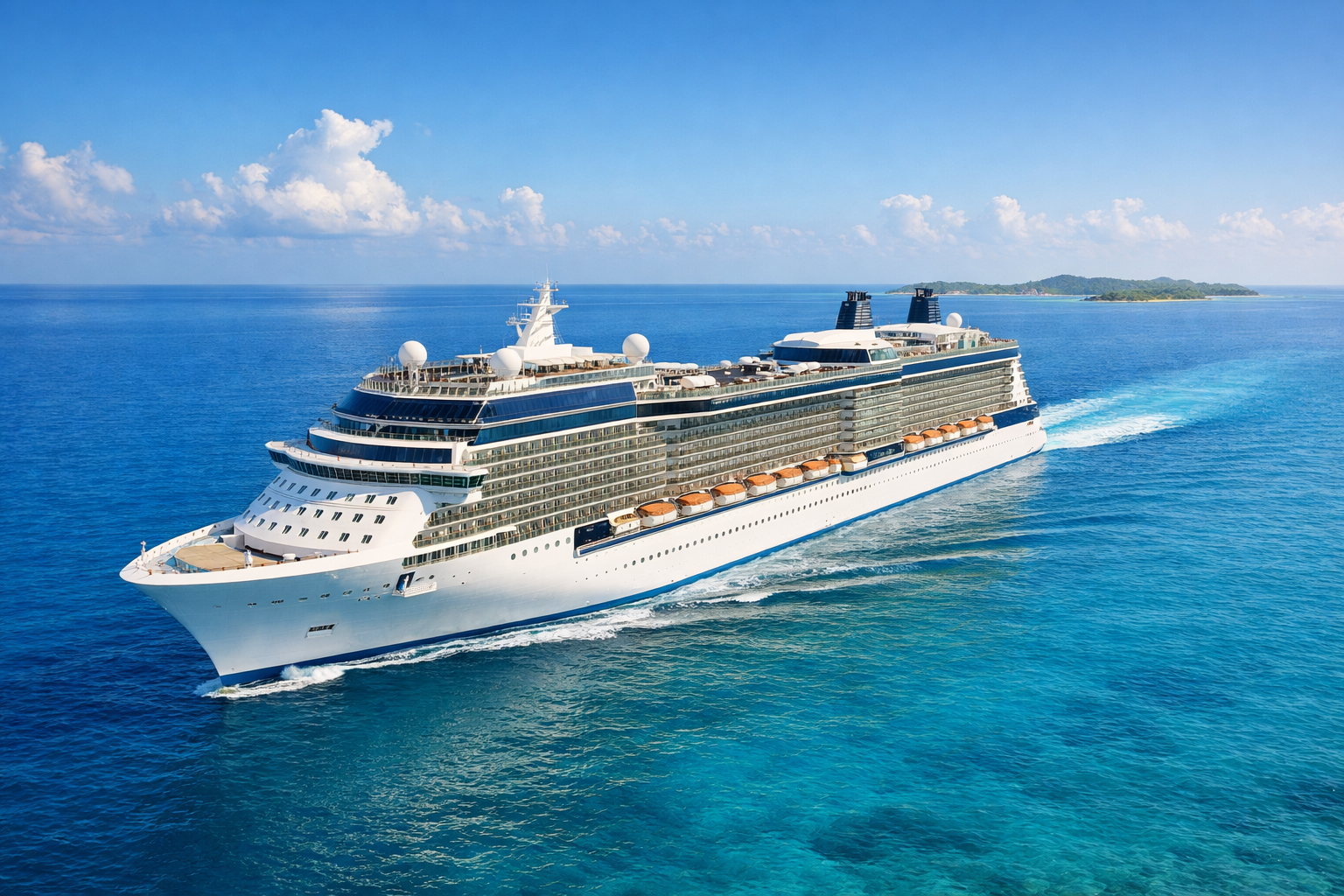 Cruise ship sailing through turquoise Caribbean waters